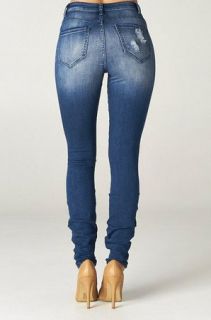 High Rise Destroyed Skinny Jeans Ripped Womens Dark Blue Denim Waist Distressed
