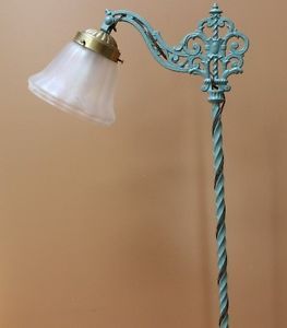Antique Bridge Arm Floor Lamp Wrought Iron Floral Pattern Base Iridescent Shade