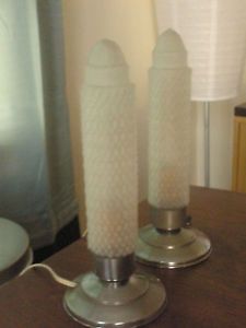 Art Deco Vanity Lamps Bullet Glass Shades Chrome Bases Pair 1930 40's American
