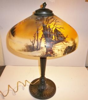 Art Deco Bronze Base Reverse Painted Shade Table Lamp Handel Pittsburgh