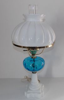 Vintage Half Shade Table Lamp w Gorgeous Blue Bowl and Fancy Milk Glass Base