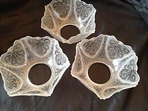 Set Three Antique Victorian Etched Glass Oil Gas Lamp Light Shade 4" Base Floral