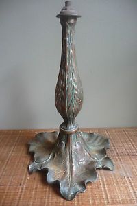 Antique Early 20thC Leaf Bronzed Cast Iron Lamp Base for Leaded Glass Shade