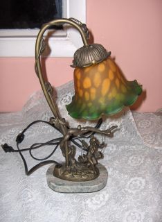 Vintage Fairy on A Swing Metal Table Lamp Green Gold Glass Shade Marble Base