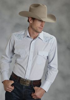 Roper Mens Shirt Western Cotton Blend L s Blue Embroidered Snap Piping 0403
