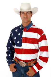 Roper Mens Shirt Navy Red White Long Sleeve American Flag Print Cotton 0101