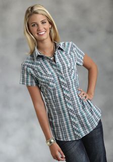 Roper Ladies Shirt Western Cotton Blend s s Turquoise Plaid Snap Woven 0468