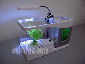 Desktop Cubical USB Mini Aquarium Fish Tank LED Light Lamp LCD Clock Filter WT