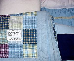 Blue Single Twin Quilt Bed Sham Mattress Pad Bed Skirt Sheet Set