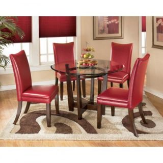 Ashley Charrell 5pc Round Glass Top Table Dining Set w Red Chairs 