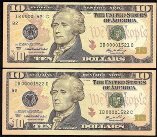 6 Cons Low UNC 2006 $10 Dollar Bills Federal Reserve Notes US Currency