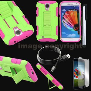 Hybrid Samsung Galaxy S4 Stand Pink Green Case 4 in 1 Stylus Cable Screen USA