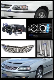 2000 2005 Chevy Impala LED Halo Headlight ABS Vertical Grill Hood Grille Chrome
