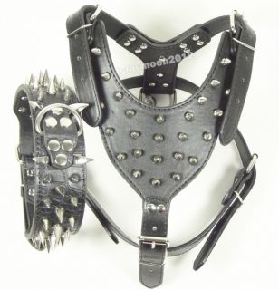 Leather Spiked Studs Dog Collar Harness Set Large Dog Pitbull 26" 34" Chest Size