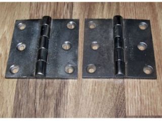 2 Door Hinges 3 1 2 x 3 1 2 Signed N Eng Butt Co Old Antique Cast Iron Fixed Pin