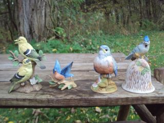 4 Porcelain Birds Figures Lefton Andrea Sadek Bell Blue Birds Canaries