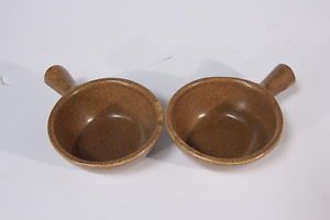 2 Vintage Monmouth Pottery Soup Bowls Handled Bowls Tan Beehive USA Maple Leaf