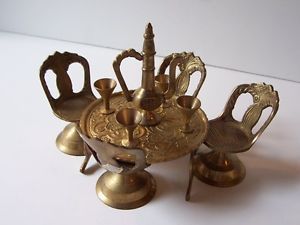 Doll House Mini Furniture Patio Table Chairs Samovar Goblets Brass India 10pc