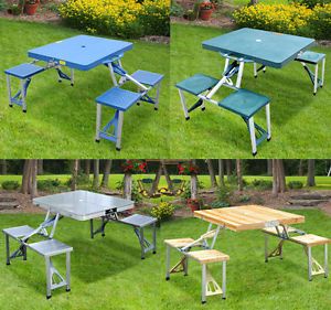 Outdoor Folding Camping Aluminum Picnic Table Set with Steel Tilt Beach Umbrella