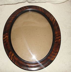 Vintage Antique Tiger Stripe Convex Glass Oval Picture Frame Wood