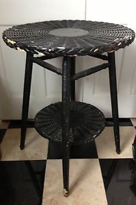 Vintage Painted Victorian Wicker Rattan Black Side Table Plant Stand Chippy Old