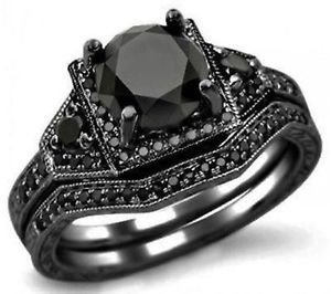 2 61ct Black Round Cut Bridal Set Sterling Silver Wedding Ring $$$$$