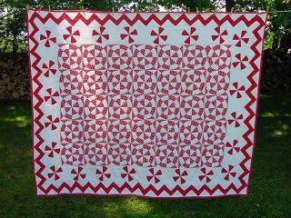 Red White Hand Pieced Appliqued Pinwheels Quilt C 1930s
