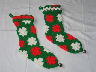 Colorful Pair of Vtg 1950s Crochet Lace Christmas Stocking Granny Squares