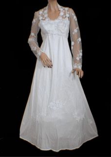 Vtg 80s Ivory with White Crochet Lace Tatting Wedding Dress M Empire Waist