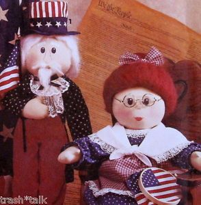 Vtg 90s Cloth Soft Sculpture Doll Pattern Uncle Sam Patriotic Betsy Ross 16" 18"