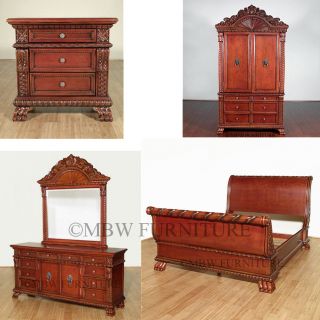 5 PC CA King Solid Wood Cherry Sleigh Bed Bedroom Suite
