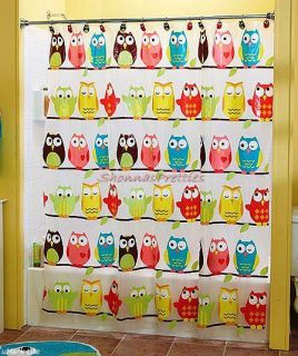Colorful Owl Vinyl Shower Curtain Blue Pink Brown Yellow Green 70" 72" Perched