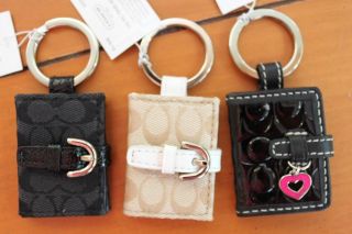 New Coach Signature Picture Frame Key Fob Black Leather Pink Heart Khaki Chain