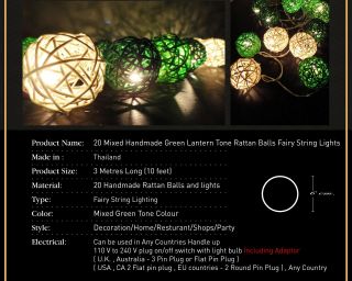 20 Mixed Green Lantern Tone Handmade Rattan Balls Fairy String Lights Home Decor