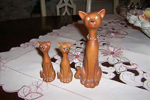 Vintage Wood Siamese Cat Figurines Ross Products Hong Kong Rhinestone Eyes