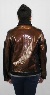 57973 New Black Persian Lamb Fur Glossy Brown Leather Jacket Coat Stroller M