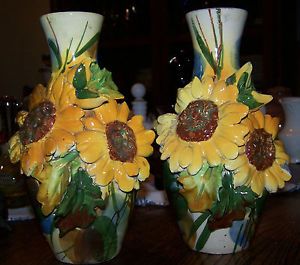 Two Antique Old Made in Italy Hand Painted Sunflower Vases