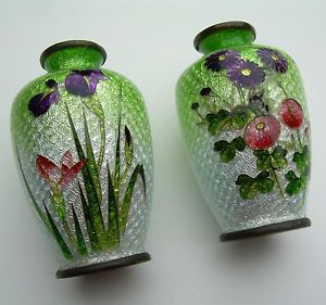 Antique Japanese Oriental Pair of Miniature Glass Cloisonne Vases