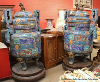 Set of Two 78" Tall Huge Antique Asian Bronze Cloisonne Vases Amazing Rarities