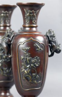 Exceptional Pair Antique Japanese Meiji Period Bronze Vases 19th C