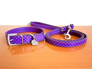 Bling Rhinestone Heart Pendants Purple PU Leather Pet Dog Collar Leash Lead Set