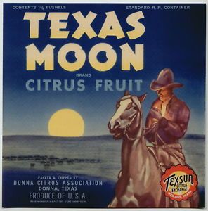Texas Moon Vintage Donna TX Citrus Crate Label Cowboy