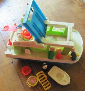 1972 Vintage Fisher Price Little People Happy House Boat Dog BBQ Chairs Captain