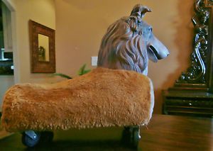 Unusual Vintage Collie Lassie Sheltie Dog Plush Toy Wheels Rubber Face 20"X16"