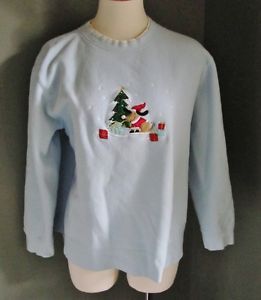 Ugly Christmas Sweater Jumper Women L Men M Sweatshirt Baby Blue Dog Santa Tree
