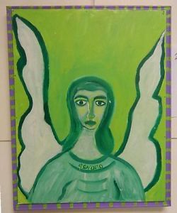 Original American Folk Art Vic Genaro Green Angel Painting on Board
