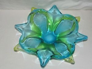 Vintage Murano Art Glass Bowl Blue Green Flower Shape