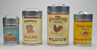 Decorative 4 Piece Food Safe Advertising Tin Canister Set Flour Tea Sugar Coffee