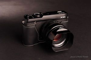 Handmade Genuine Real Leather Half Camera Case Bag for Fujifilm x E1 XE1 Black