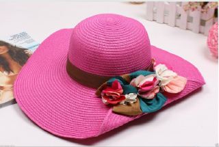 Women's Pink Wide Brim Summer Beach Sun Hat Straw Floppy Elegant adumbral Cap